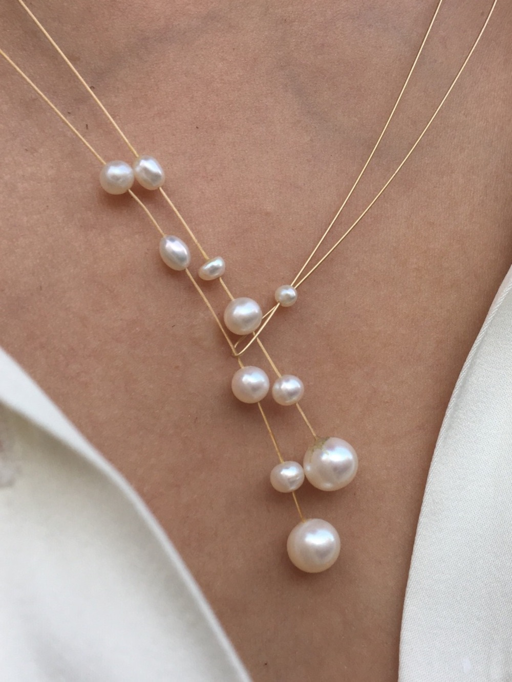 White Pearl Multi-Strand Adjustable Gold Necklace